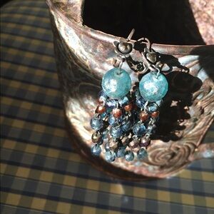BoHo Blue and tarnished gold chandelier earrings